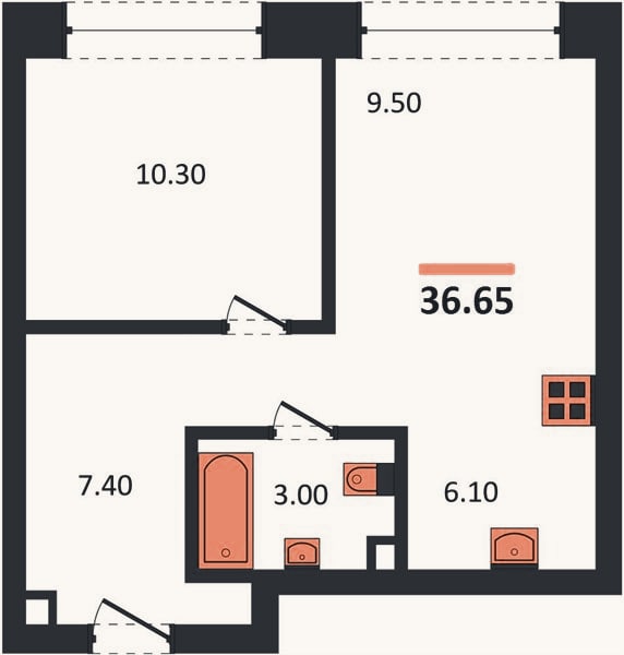 Планировка: 1-к, 36,7 м²
