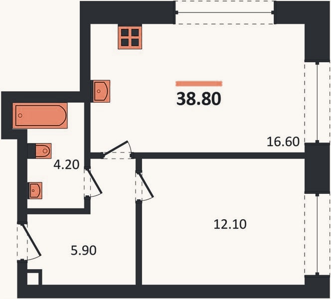 Планировка: 1-к, 38,8 м²