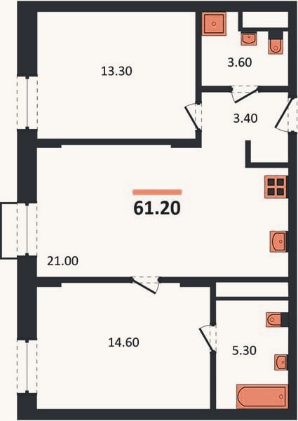 Планировка: 2-к, 61,2 м²