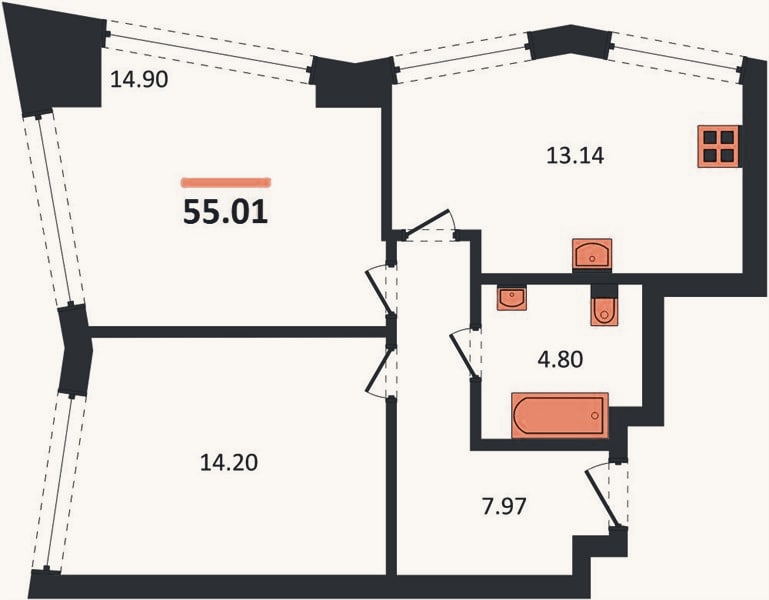 Планировка: 2-к, 55 м²