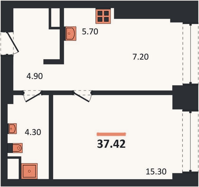 Планировка: 1-к, 37,4 м²
