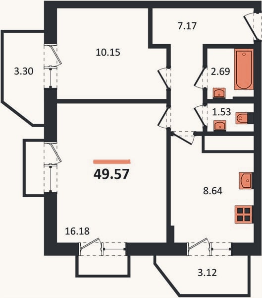 Планировка: 2-к, 49,6 м²
