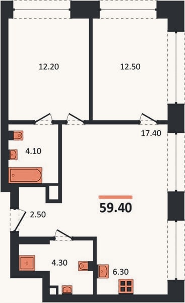 Планировка: 2-к, 59,4 м²