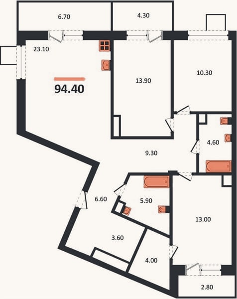 Планировка: 3-к, 94,4 м²