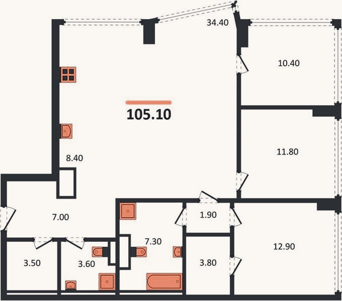 Планировка: 3-к, 105,1 м²