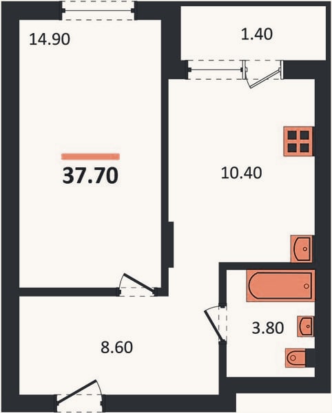 Планировка: 1-к, 37,7 м²