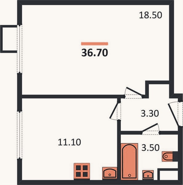 Планировка: 1-к, 36,7 м²