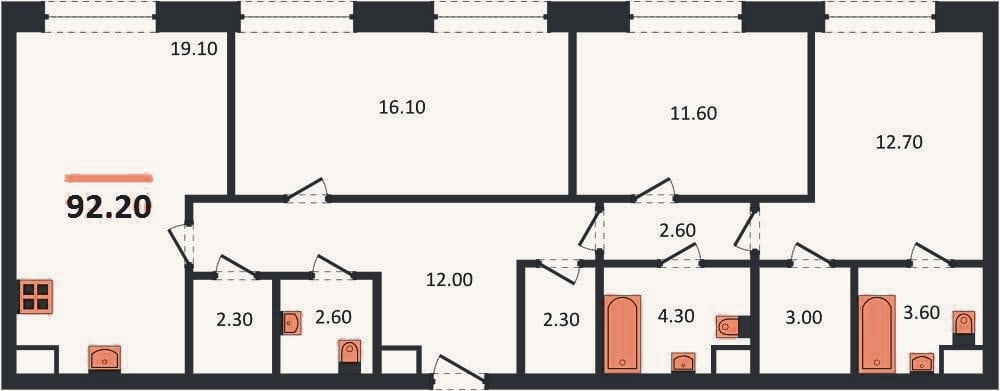 Планировка: 3-к, 92,2 м²