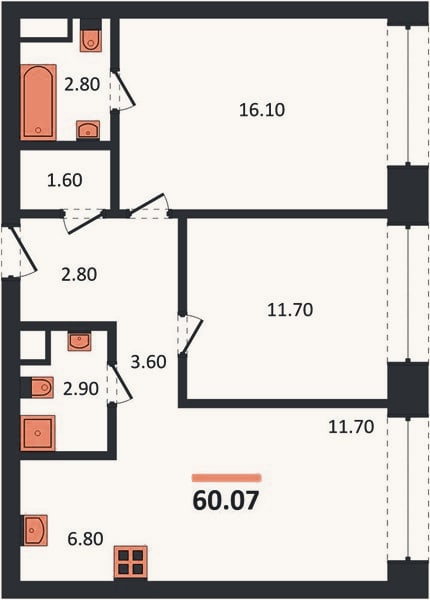 Планировка: 2-к, 60,1 м²