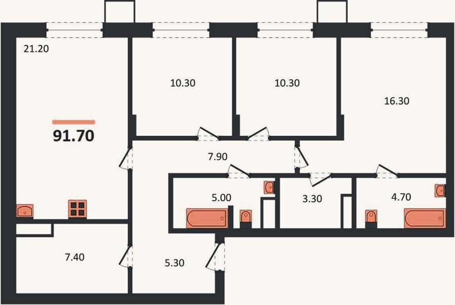 Планировка: 3-к, 91,7 м²
