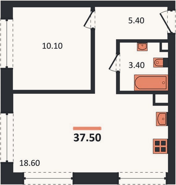 Планировка: 1-к, 37,5 м²