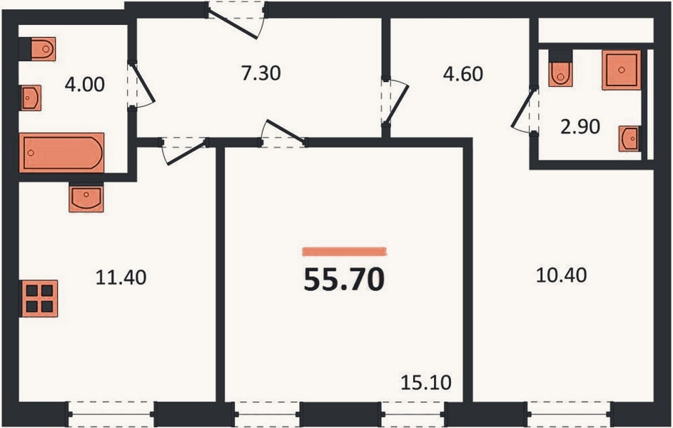 Планировка: 2-к, 57,5 м²