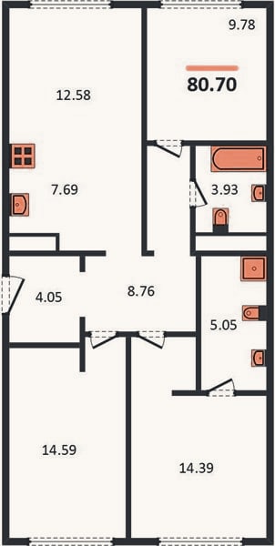Планировка: 3-к, 80,5 м²