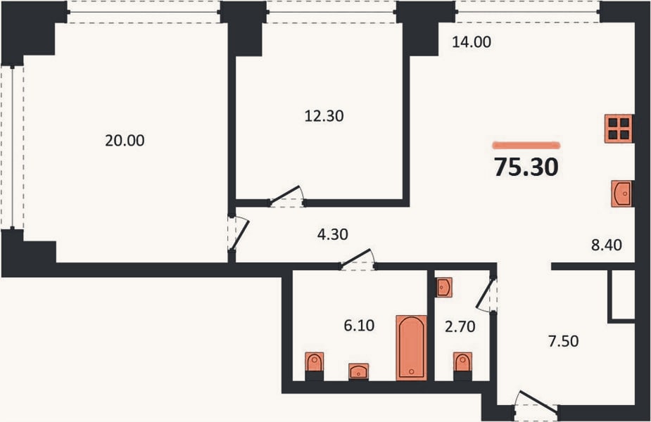 Планировка: 2-к, 75,3 м²
