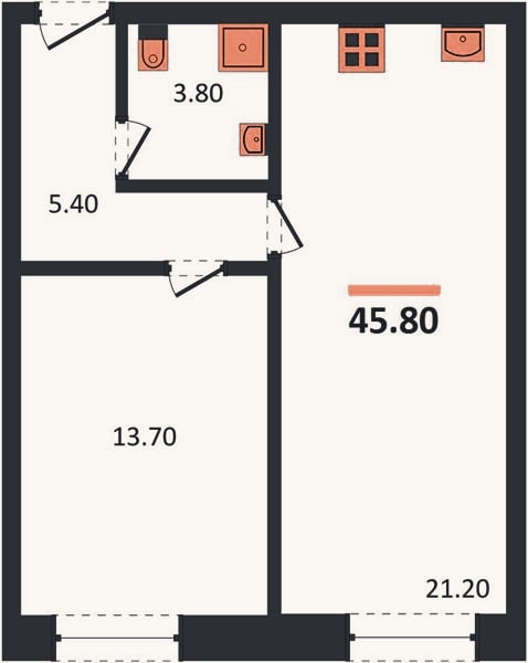 Планировка: 1-к, 45,8 м²