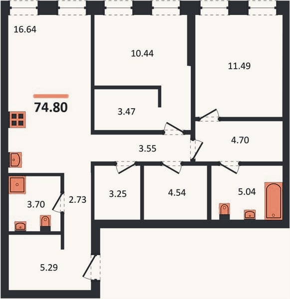 Планировка: 2-к, 74,8 м²