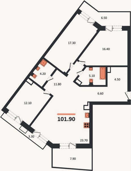 Планировка: 3-к, 101,9 м²
