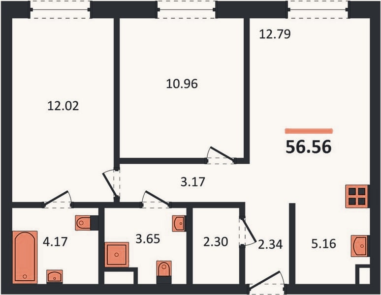 Планировка: 2-к, 56,6 м²