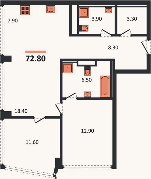 Планировка: 2-к, 72,8 м²