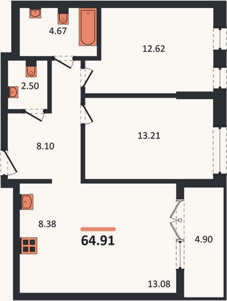Планировка: 2-к, 64,9 м²