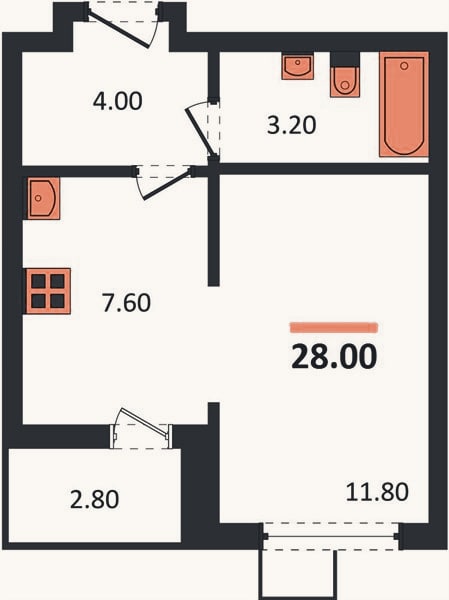 Планировка: 1-к, 28 м²