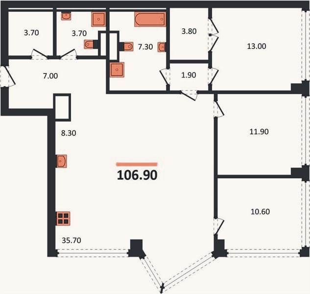 Планировка: 3-к, 106,9 м²