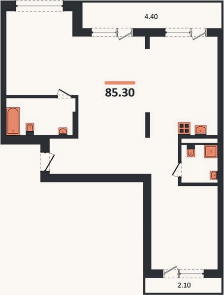Планировка: 2-к, 85,3 м²