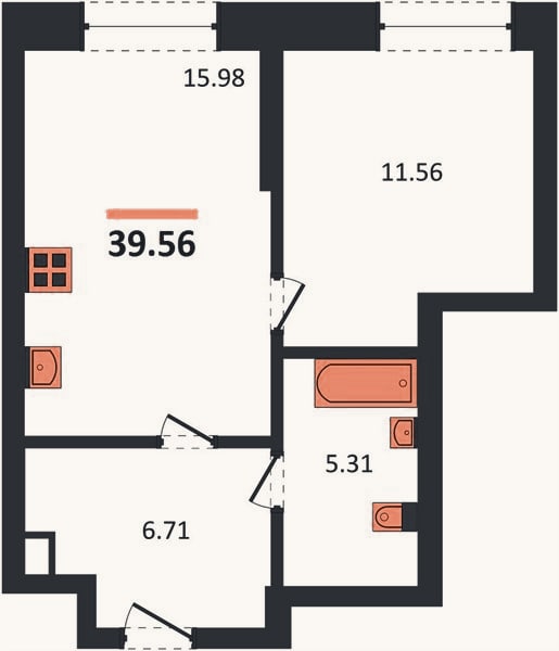 Планировка: 1-к, 39,6 м²
