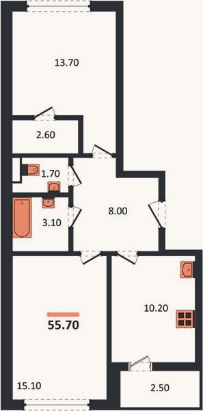 Планировка: 2-к, 56,6 м²