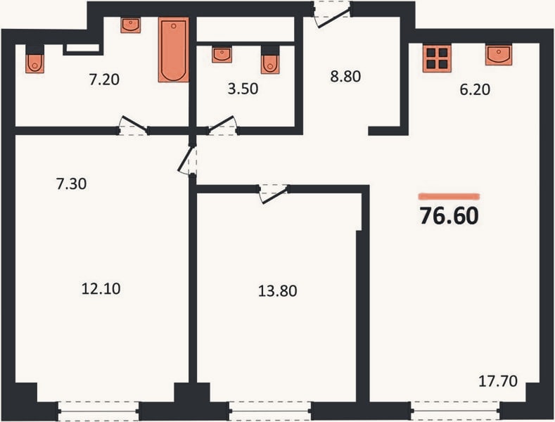 Планировка: 2-к, 76,6 м²