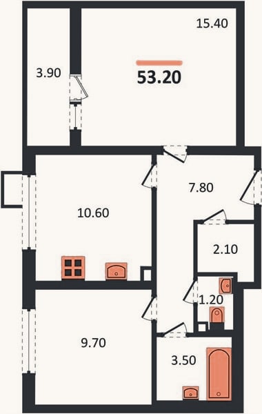 Планировка: 2-к, 53 м²