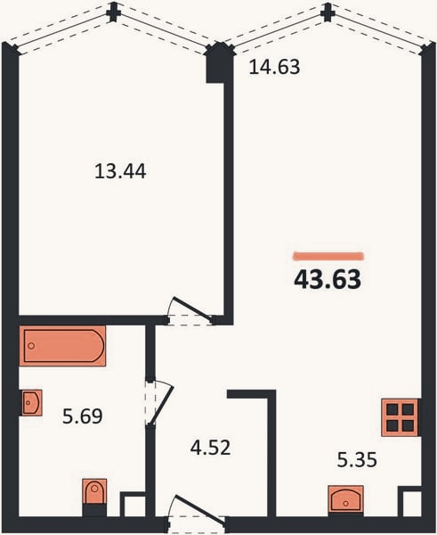 Планировка: 1-к, 43,6 м²