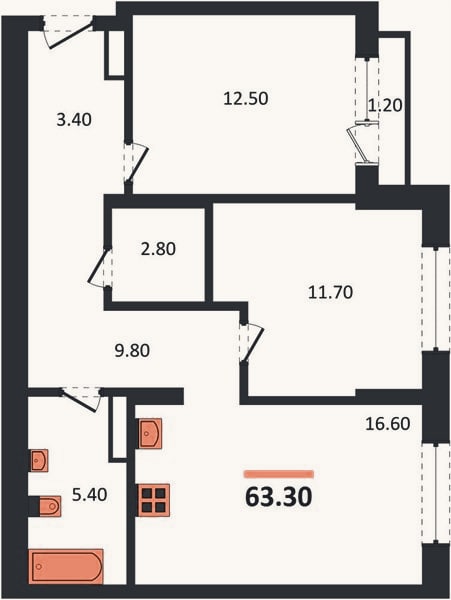 Планировка: 2-к, 63,3 м²