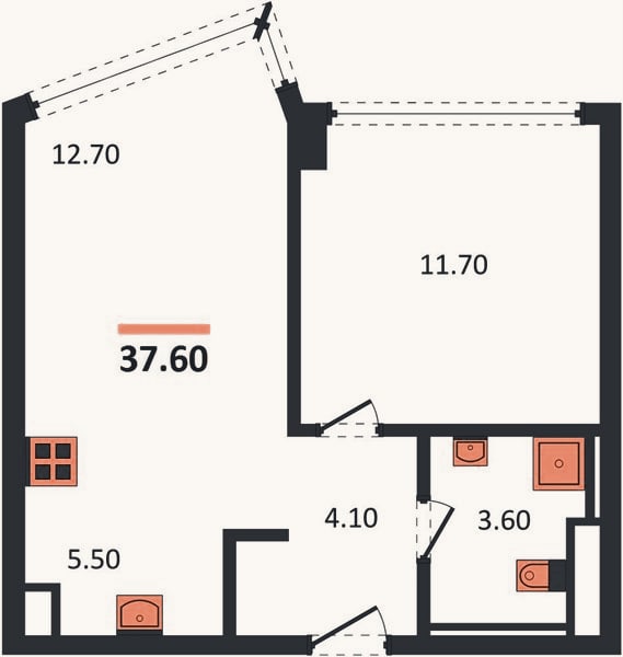 Планировка: 1-к, 37,6 м²