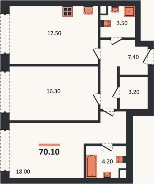 Планировка: 2-к, 70,1 м²