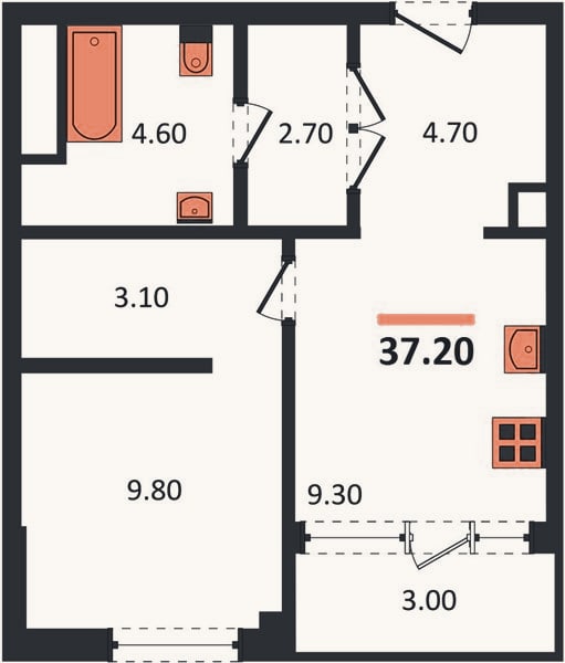 Планировка: 1-к, 37,2 м²