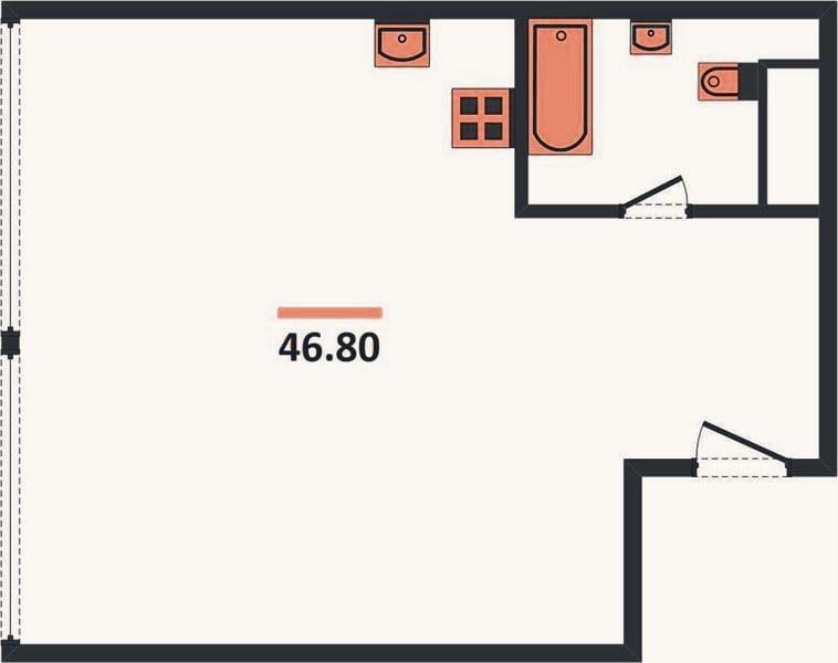 Планировка: 1-к, 46,8 м²