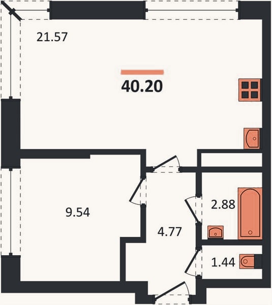 Планировка: 1-к, 40,2 м²