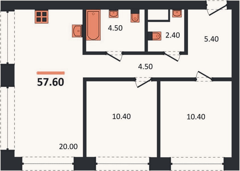 Планировка: 2-к, 58,1 м²