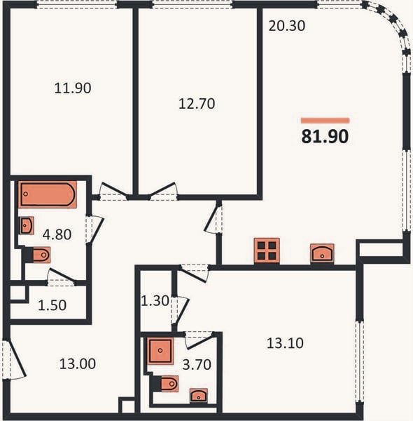 Планировка: 3-к, 81,9 м²