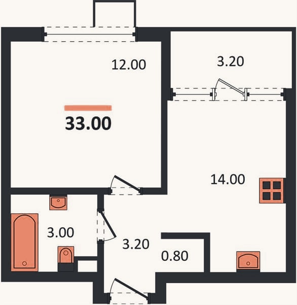 Планировка: 1-к, 33 м²