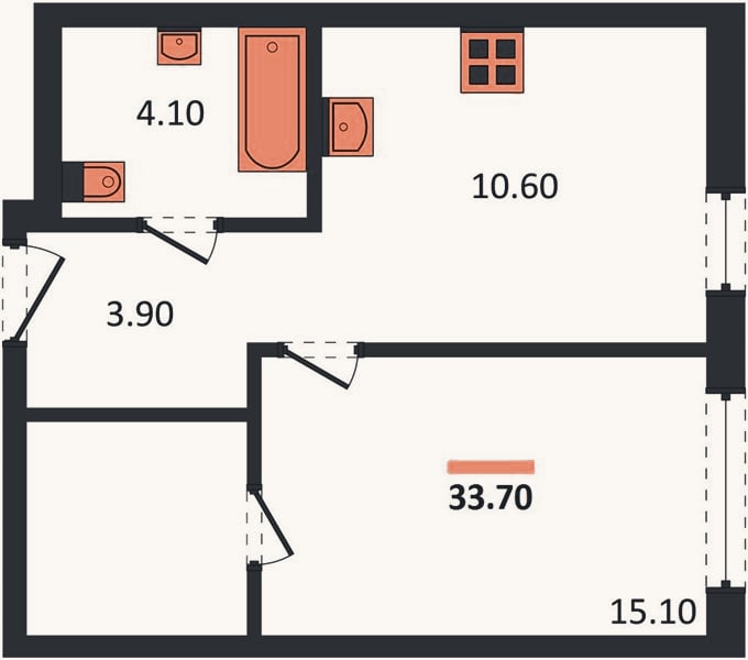 Планировка: 1-к, 33,7 м²