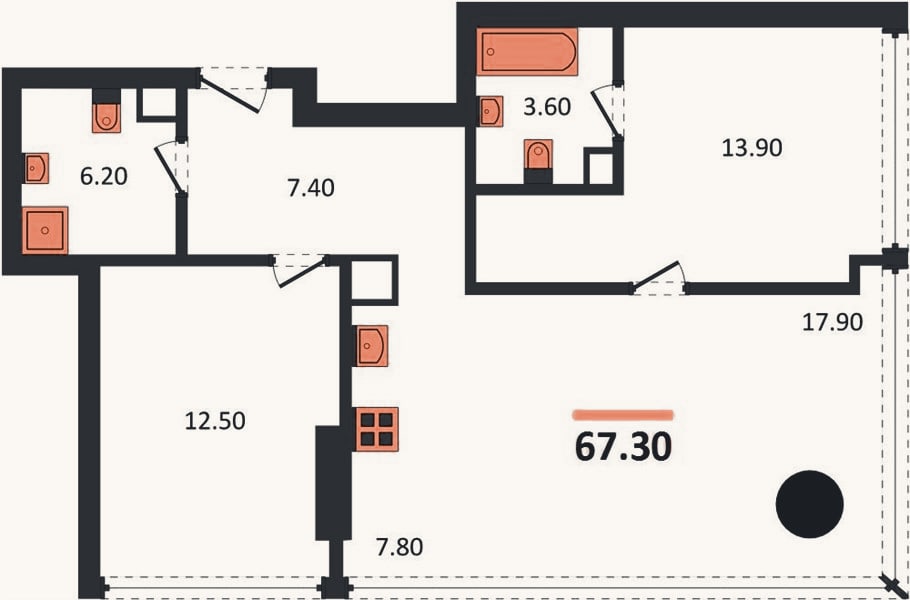 Планировка: 2-к, 67,3 м²