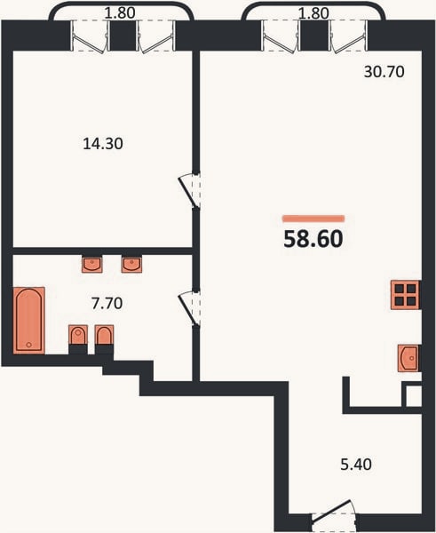 Планировка: 1-к, 59,3 м²