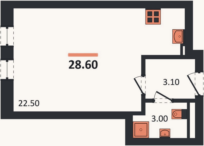 Планировка: Студия, 28,6 м²