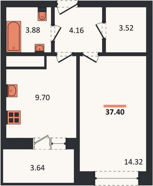 Планировка: 1-к, 37,4 м²