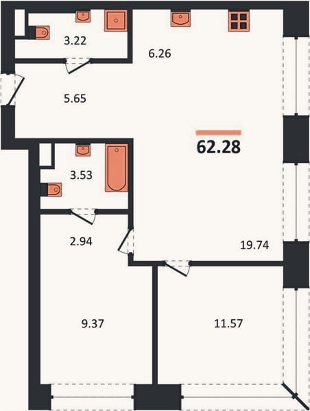 Планировка: 2-к, 62,3 м²