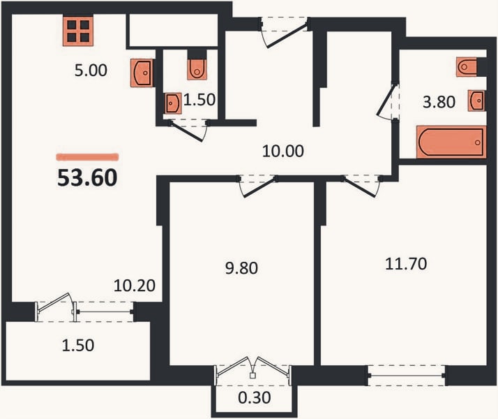 Планировка: 2-к, 53,6 м²