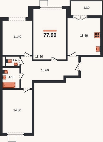 Планировка: 3-к, 77,9 м²