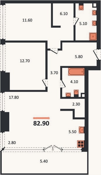 Планировка: 2-к, 82,9 м²